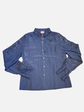 Petalo USA Womens Large Blue Button Down Blouse Top crochet details Long Sleeve